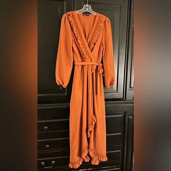 Orange Wrap v-neck ruffle dress with Bishop Sleeves - Picture 1 of 3